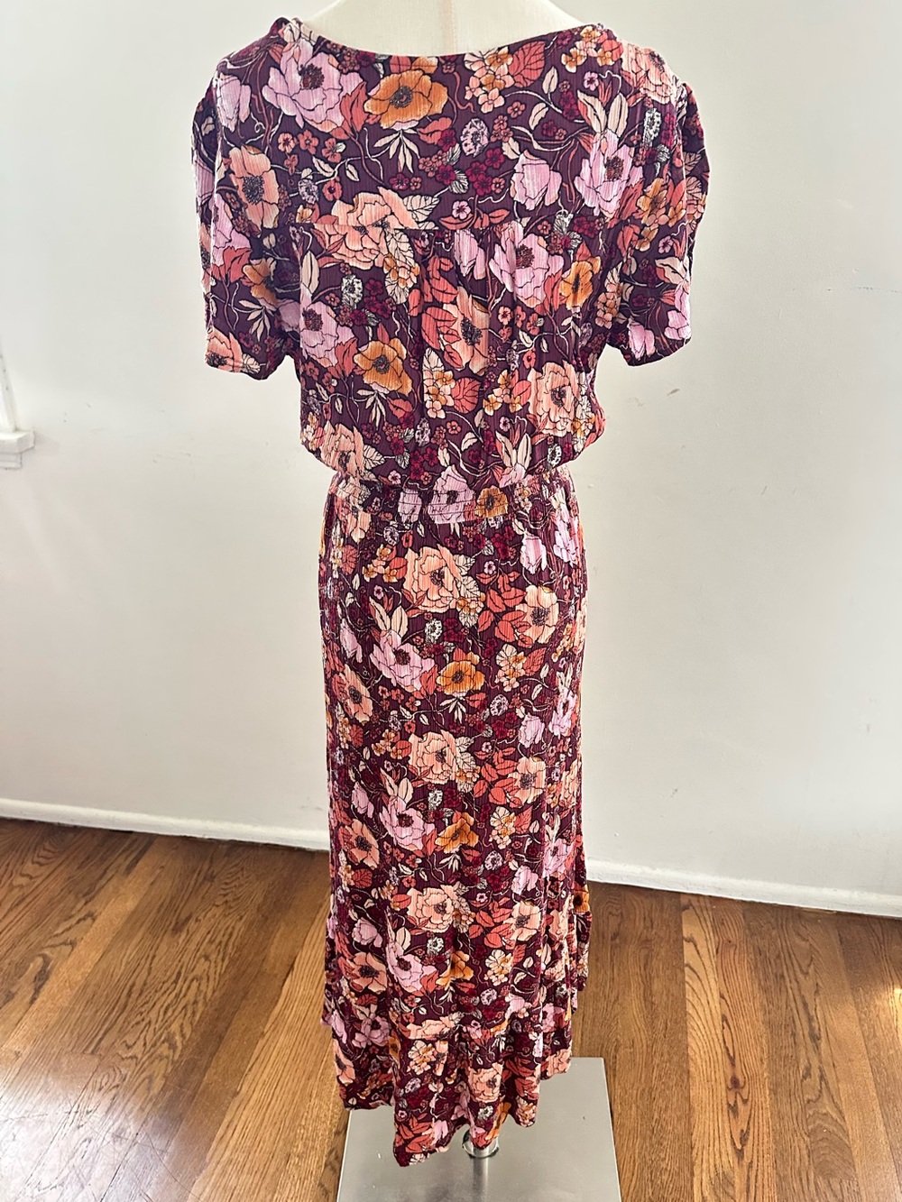 Knox Rose Plum Floral Midi Dress V-Neck Button Front Boho Flowy Size L - Picture 4 of 7